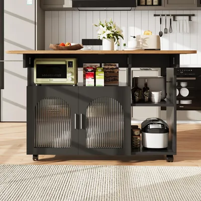 Image de MODFU Îlot De Cuisine Mobile - Chariot De Cuisine Avec Plan De Travail Et Espaces De Rangement - MDF, Métal Et Verre - 120×30-70×79,5 Cm - Noir