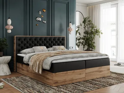 Produktbild von Boxspringbett, Deko, Doppelbett, Polsterbett mit Bettkästen und Multipocket-Matratze, Eiche Wotan holzrahmen - Albero-3 - 180x200cm - Schwarz Kunstleder - H3
