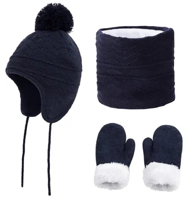 Obrázek produktu pro Sada zimních pletených doplňků pro děti: čepice, šála a rukavice, materiál: fleece, barva: tmavě modrá, velikost: 1-6 let