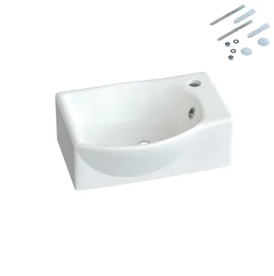 Produktbild von AQUALAVOS Waschbecken Handwaschbecken weiß eckig oval klein Badezimmer Gäste wc wandhängend mit Hahnloch(rechts) und Überlauf BxTxH: 40,5x28x12 cm ohne Unterschrank Eckwaschbecken