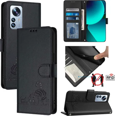 Produktbild von Leder Hülle für Xiaomi 12 Pro/Xiaomi 12S Pro Süße Katze Flip Case Brieftasche Schutzhülle mit Standfunktion Schwarz