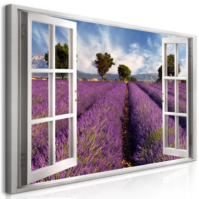 Produktbild von Wandbild Mega XXXL Fensterblick 250x125 cm Einteiliger XXL-Format Kunstdruck zur Selbstmontage Leinwandbilder moderne Bilder DIY Wanddekoration Wohnung Deko Lavendel c-C-0370-ak-e