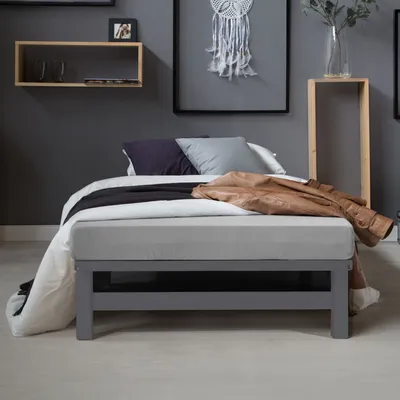 Produktbild von Homestyle4u Holzbett 90x200 mit Lattenrost Massivholzbett Grau Palettenmöbel Futonbett Palettenbett Einzelbett Jugendbett