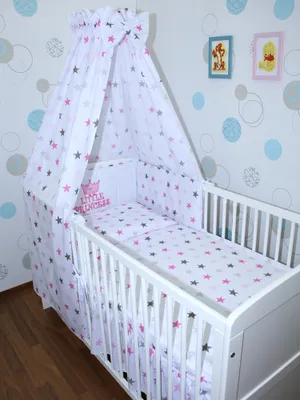 Produktbild von Primawela Baby Bettwäsche Set mit Applikation- 6 teiliges Set mit Vollstoff Himmel Bettset Nestchen -2. Princess-Star Rosa