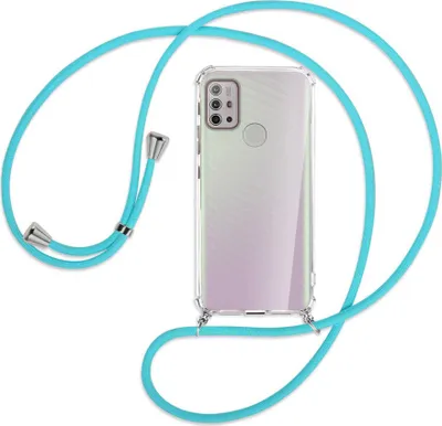 Produktbild von Handykette Backcover-Schutzhülle mit Band (Metall silberfarben) für Motorola Moto G10 (Power), G20, G30 - türkis