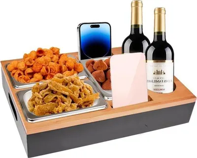 Produktbild von Famanu Holz Bank Organizer - Sofa Tray mit Edelstahl Snackschalen