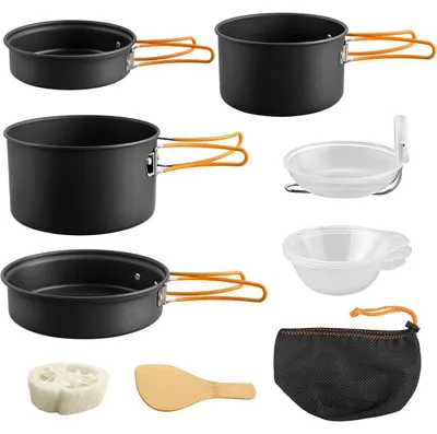 Immagine prodotto di Set di pentole e stoviglie da campeggio, 11 pezzi, in alluminio, per uso esterno e picnic, completo di pentola, ciotole, cucchiai e borsa per il trasporto. Leggero e pieghevole