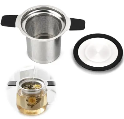 Teefilter aus Edelstahl 304, feinmaschig, klappbarer Griff, Deckel