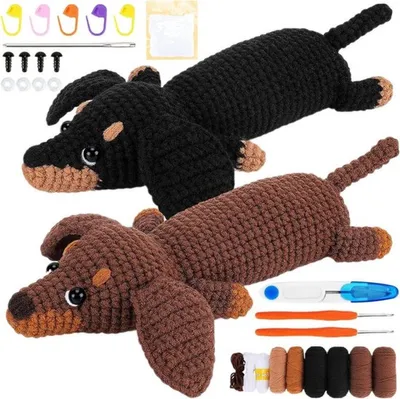 Komplettes Häkelset für Anfänger mit 2 Dackel Amigurumi Muster, Häkelnadeln und Garnen, perfekt für DIY-Kreationen und