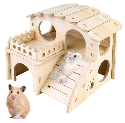 Productafbeelding van Hamsterhuis van hout met 2 verdiepingen en schuilplek voor kleine knaagdieren