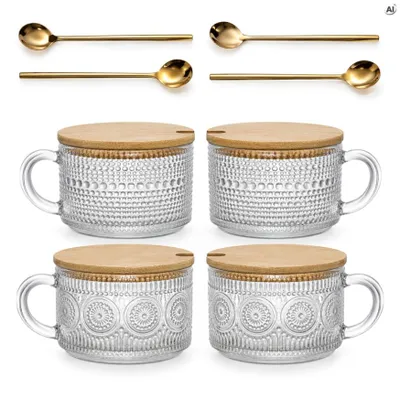 Gläser Set 4 Stück mit Löffeln, Vintage Kaffeetassen und Teegläser aus Glas mit Henkel für Kaffee