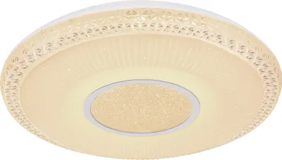 A white ceiling light with a decorative patterned edge and a textured central area.
