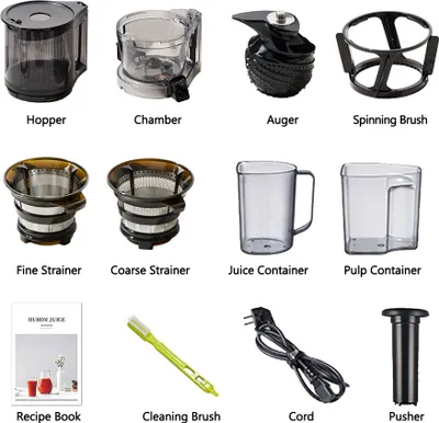 A collage of different parts and accessories for a juicer, with labels for each component.
