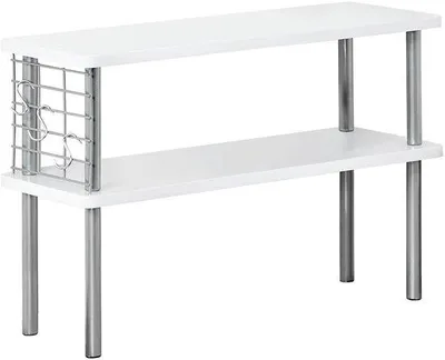 Obrázek produktu pro Uniqoos® Multifunkční kuchyňská polička z MDF a kovu, bílá a stříbrná, 55 x 38 x 20 cm – 2 police, kovová mřížka a 3 háčky