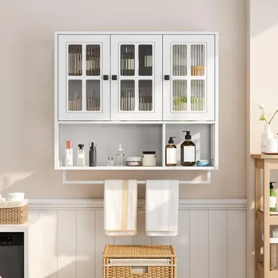 Immagine prodotto di Mobiletto da bagno a parete in legno MDF, con 3 ante, vetro e portasciugamani, colore bianco, dimensioni 88x26x82,5 cm