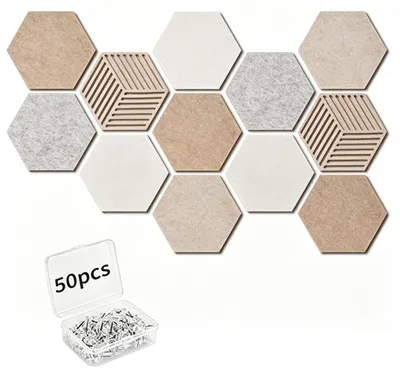 Produktbild von 12 selbstklebende sechseckige Filz-Pinnwände, 9 mm dick, Fotokartonage mit 50 transparenten Reißzwecken, DIY-Kork-Pinnwand zur Wanddekoration