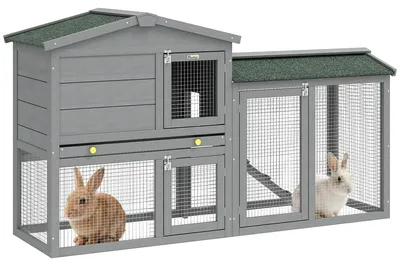 Image de Cage pour lapin, extérieure - Abri en bois à 2 étages - Toit en bitume - Bac à déjections amovible - Rampe - Dimensions : 150 x 45 x 85 cm - Couleur : gris
