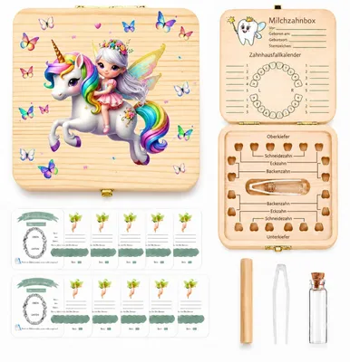 Produktbild von Zahnbox Milchzähne Zahndose Milchzahnbox - Holz - Einhorn-Motiv - Mit 10 Urkunden