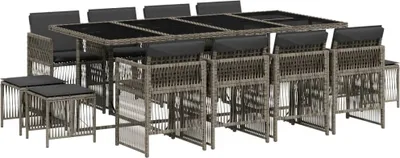 Produktbild von 13-tlg. Garten-Essgruppe mit Kissen Grau Poly Rattan