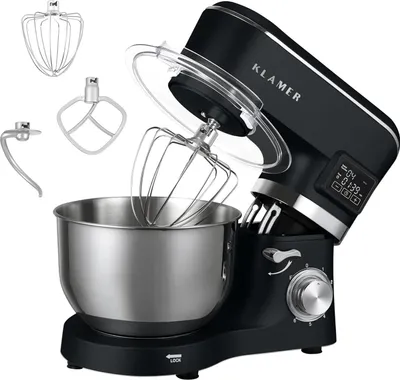 Produktbild von KLAMER Küchenmaschine Classic 1400 W – 5,5 L Rührschüssel aus Edelstahl, Knet-, Rühr- & Schneebesenaufsatz, Timer & LED-Display, stabile Saugnapffüße, ideal für Brot-, Kuchen- & Pizzateig