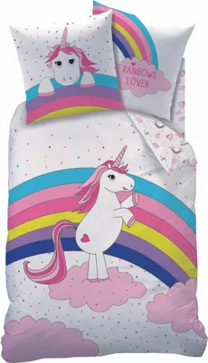 Produktbild von Einhorn Bettwäsche glatt Unicorn Regenbogen Pferd Zipper Baumwolle 135 x 200 cm Reißverschluss