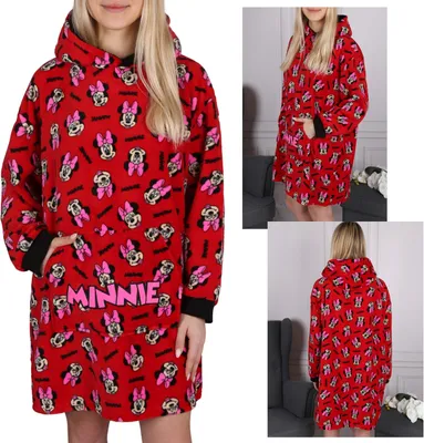 Collage of a person wearing a red Minnie Mouse hoodie dress, showing front and back views.
