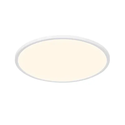 A white, circular LED ceiling light is shown against a white background.