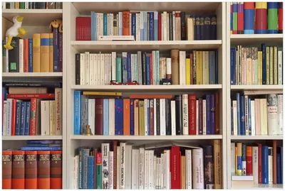Produktbild von Wallario Premium Glasbild, freischwebende Optik, kräftige Farben, Größe 90 x 60 cm Motiv Weißes Bücherregal mit unterschiedlichen Büchern