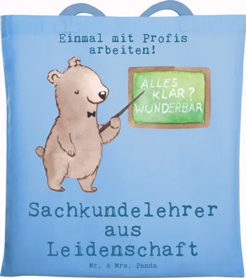 Produktbild von Mr. & Mrs. Panda Schultasche Sachkundelehrer Leidenschaft - Sky Blue - Geschenk, Spruch, Lustig, Laptoptasche, Sachkundeunterricht, Tasche, Grundschule, Witzig, Tote Bag