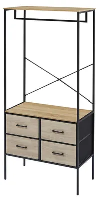 Image de CASABEL Penderie vêtements, meuble avec 4 tiroirs de rangement, Porte Manteau, Dressing, Penderie, bois & métal noir, 80×40×167 cm