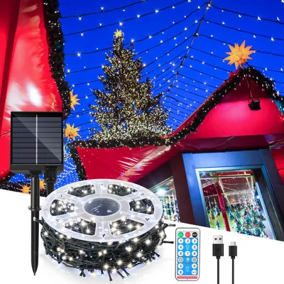 Obrázok produktu pre Clanmacy 100M 100 LED solárne rozprávkové svetlá IP44 8 režimov Vnútorné vonkajšie vianočné party Záhrada Svadba Vodotesné osvetlenie Dekorácie Studená biela
