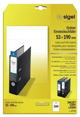 Produktbild von SIGEL LP734 PC-Einsteckschilder für Ordner, 53 x 190 mm, weiß, 100 Stück