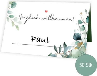 Tischkarten Hochzeit Eukalyptus Design, 50 Stück | Stilvolle Platzkarten Hochzeit | Herzlich Willkommen Namenskärtchen | Leicht beschriftbar - Namensschilder Hochzeit