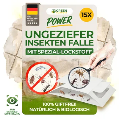 Produktbild von Green Guardia Insekten Klebefalle mit Spezial-Lockstoff – 15x Fallen – Giftfreie & Sichere Ungeziefer Falle, Alternative zu Pheromonfalle Insekten