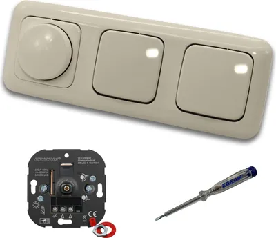 Produktbild von EBROM 1001 LED Drehdimmer Dimmer + Busch Jäger Dimmerscheibe 2115-212 und 2 x Lichttaster 2020 US in DURO2000 cremeweiß glänzend inklusive EBROM Phasenprüfer zur Montage der Geräte