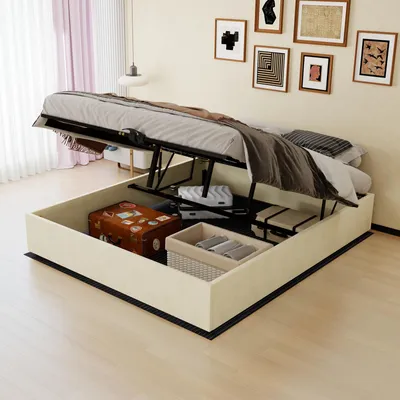 Imagen del producto de Estructura de cama tapizada de 160x200 cm con revestimiento de terciopelo y sistema de elevación neumático. Estructura de cama moderna y minimalista, sin cabecero ni colchón. Color: beige