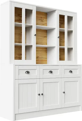 Produktbild von STILVORA Küchenschrank Hochschrank mit 3 Schubladen,Küchenbuffet Vitrinenschrank mit Viele Ablagefächer,Sideboard mit Akryltüren,Weiß