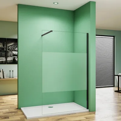 Produktbild von 70x200cm Schwarzrahmen Duschabtrennung Walk In 10mm Nano ESG Milchglasstreifen Duschabtrennung + 73-120cm Stabilisator Höhe 200cm