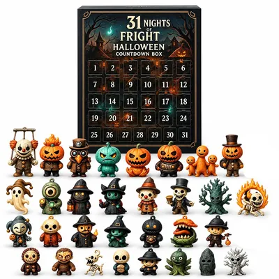 Produktbild von Grusel Adventskalender Halloween, 31 Mini Horror Figuren Set, PVC Deko Figuren mit Kürbis Geist Skelett Hexe, Countdown Kalender für Halloween Party