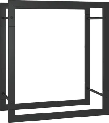 A black metal firewood rack shown against a white background.
