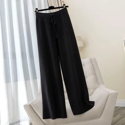 Productafbeelding van Brede Pantalon - Hoog Taille met Touwtjes - Zwart