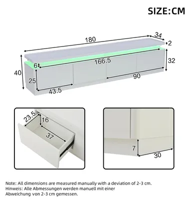 Obrázek produktu pro TV skříňka – TV skříňka s LED osvětlením – 180 x 34 x 40 cm – 4 zásuvky – dřevo – pro televizory do 203 cm – bílá