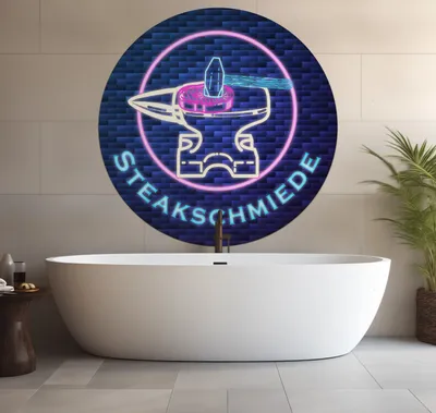 Produktbild von Wallario wasserfestes Poster selbstklebend 120 x 120 cm, Steakschmiede, Badezimmerposter Spritzschutz mit Hochglanzoberfläche in Glasoptik