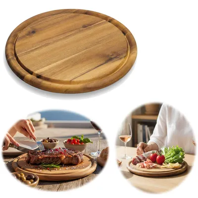 Produktbild von LS-LebenStil Fleischteller 25cm Rund Akazie Holz Steakbrett Brotzeitbrett Schneidebrett Servierteller Pizzateller Vesperbrett Käsebrett