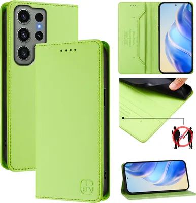 Image de Étui en cuir pour Samsung Galaxy S23 Ultra, étui à rabat avec fentes pour cartes, portefeuille et support Vert