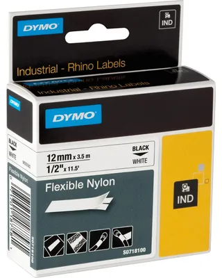 Produktbild von DYMO Rhino Industrie Nylonetiketten | flexibel | 12 mm x 3,5 m | schwarze Schrift auf weißem Untergrund | selbstklebendes Schriftband | für Rhino und LabelManager Beschriftungsgerät, Schwarz auf weiss, Schwarz, Nylon, Belgien, Nashorn, Rhino IND