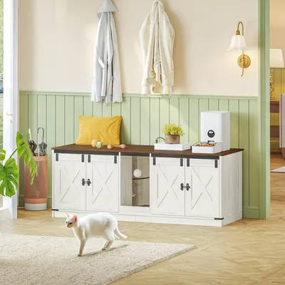 Imagen del producto de Kattenkast - Mueble para arenero - Doble espacio - Arenero oculto - Color marrón y blanco - 140 cm