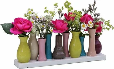 Zdjęcie produktu dla Zestaw 10 kolorowych wazonów ceramicznych – wymiary 30 x 6 x 11 cm