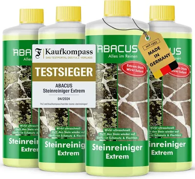 Produktbild von ABACUS® Steinreiniger Extrem, intensiver Steinreiniger für außen mit Sofortwirkung, entfernt sofort Schmutz, Grünbelag & Flechten auf Steinen 4x 1L