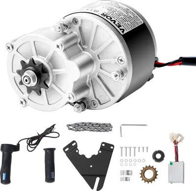 A VEVOR electric DC motor kit with various accessories, laid out on a white background.